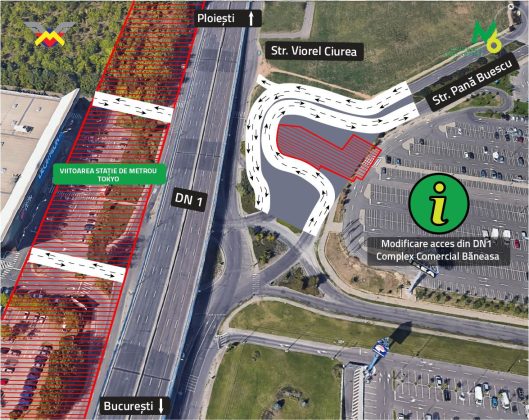 Schimbări la intrarea în zona comercială Băneasa, pentru realizarea viitoarei stații de metrou Tokyo
